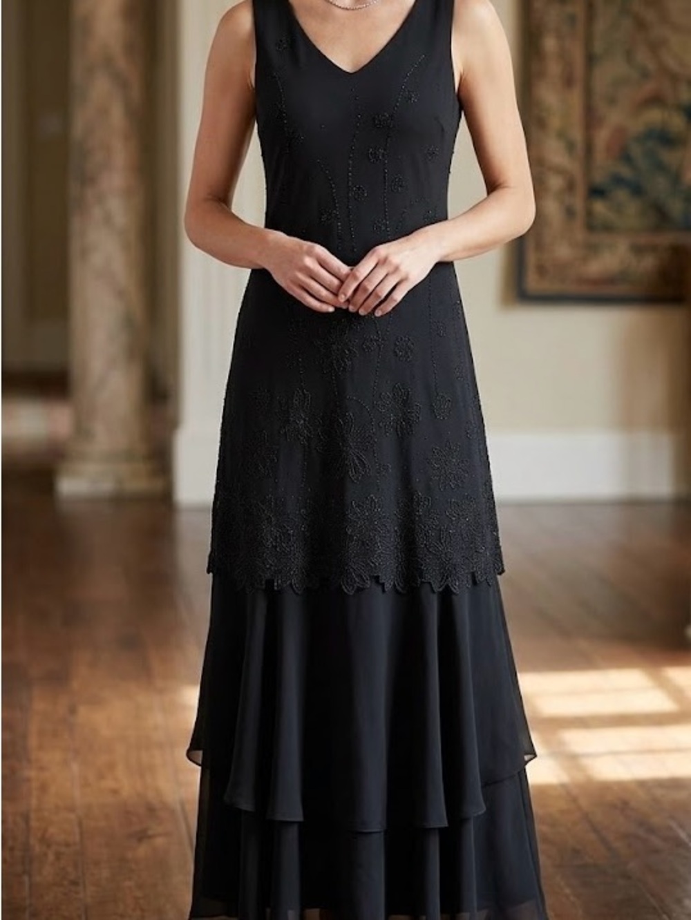 Studio 1 Black Floral Embroidered Beaded Tiered Dress Wedding Formal Cocktail